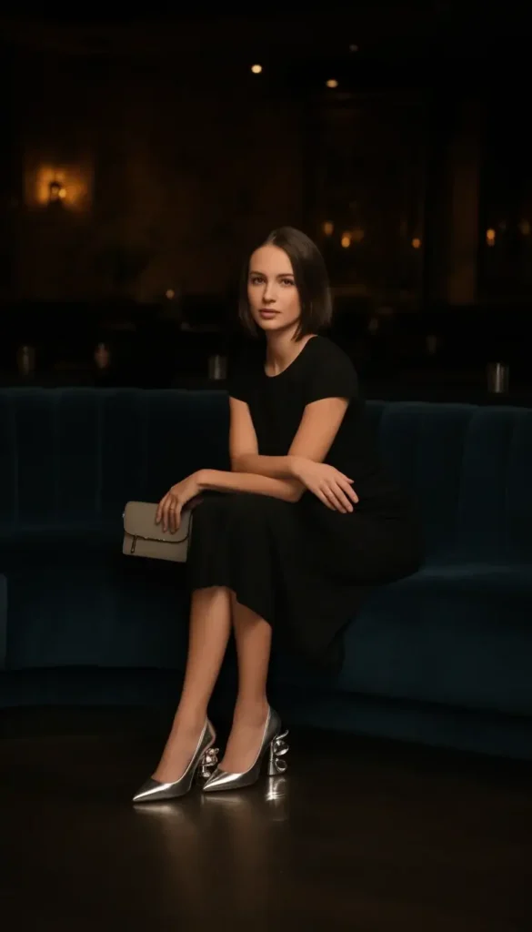 Little black dress styled with metallic heels for Valentine’s Day evening plans