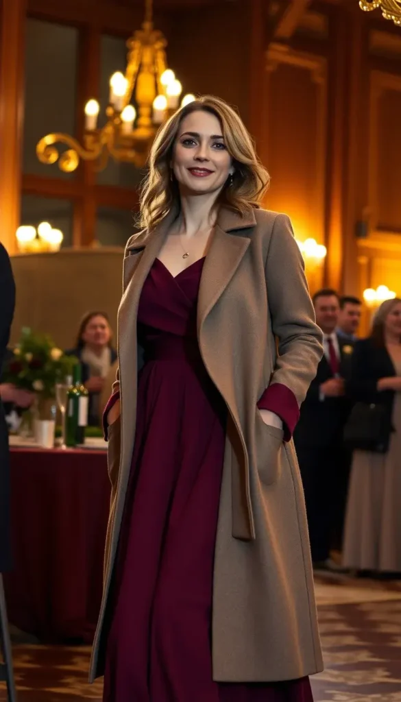 Long sleeve maxi dress layered with a coat for a winter wedding guest outfit.