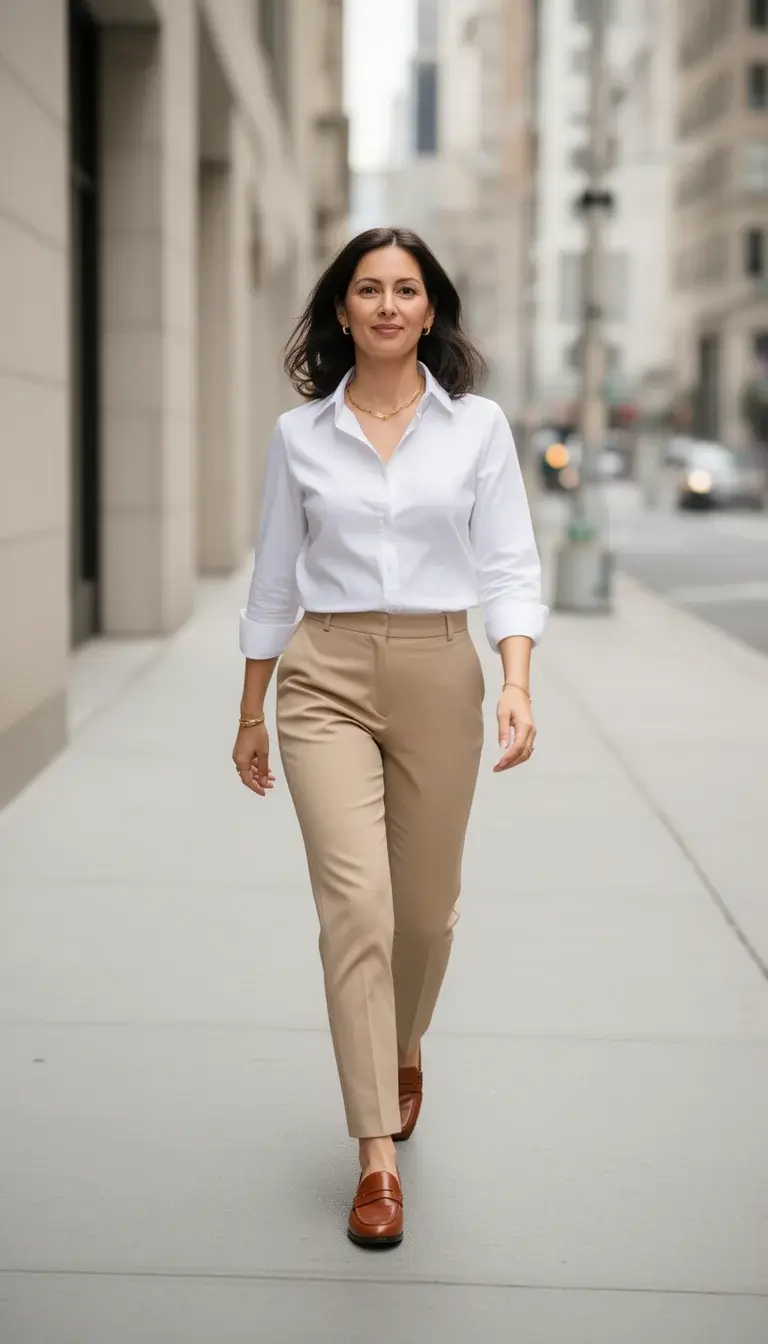 Woman wearing tailored neutral outfit walking confidently on a city street