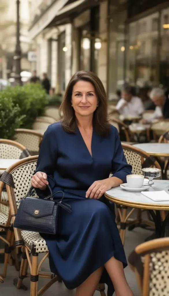 Woman seated at café in navy silk dress