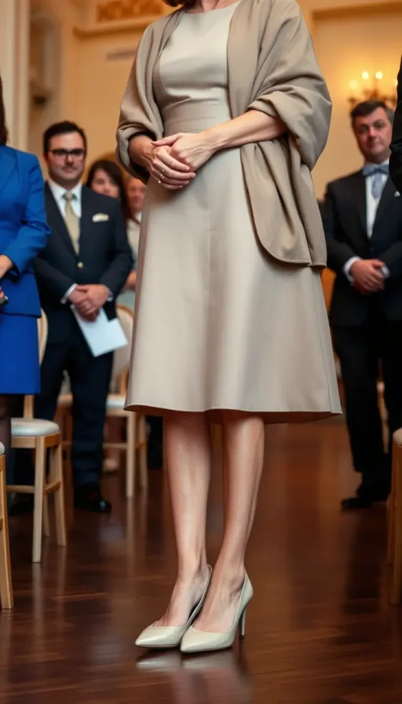 Nude low heeled leather pumps styled with a long sleeve dress at a winter wedding