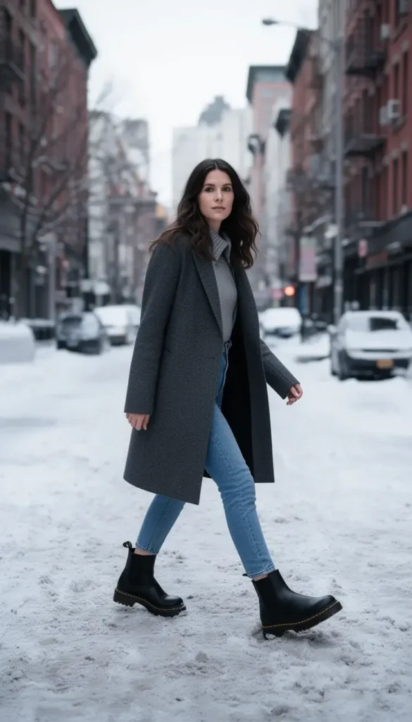 Black lug sole ankle boots styled for a winter date