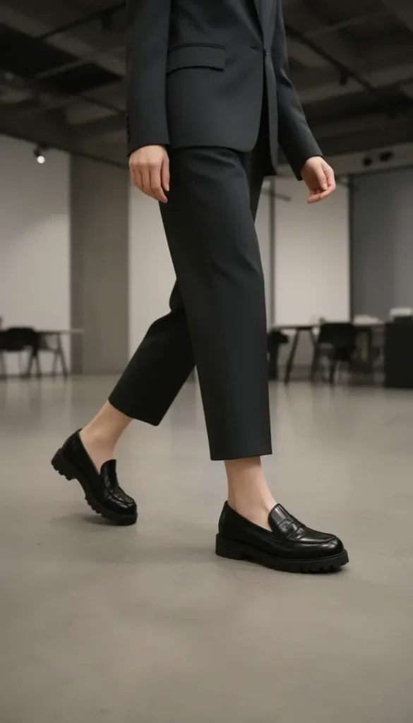 Polished leather loafers with lug soles styled for a winter work event.