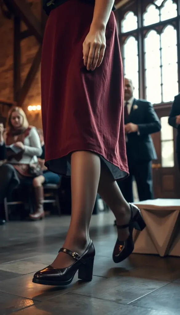 Oxblood block heel Mary Janes styled with a wool midi dress for a winter wedding