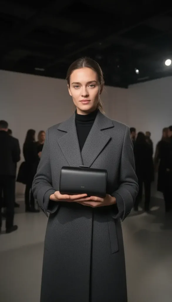Matte leather box clutch paired with a structured winter coat