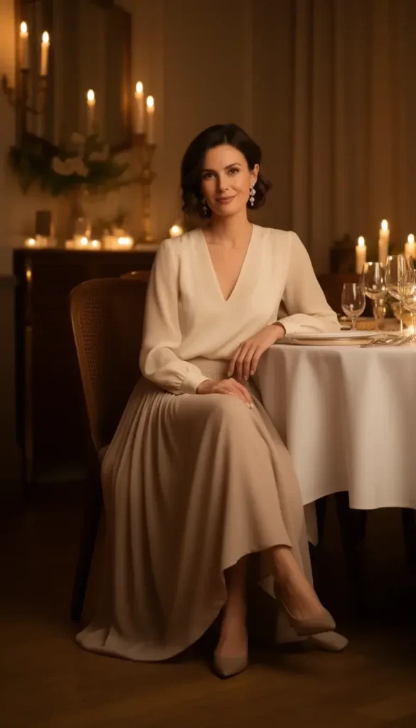 Woman over 30 wearing a midi skirt and blouse for an elegant night out