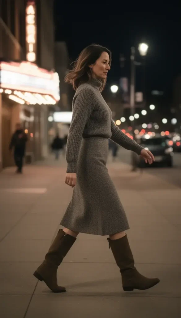 Midi skirt paired with boots and a fitted sweater for winter date night