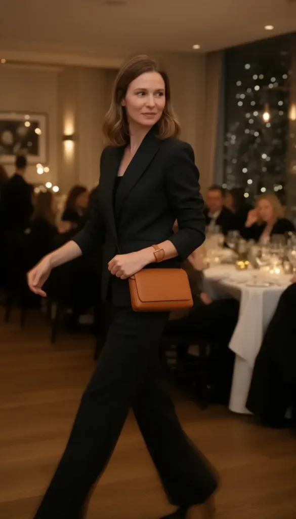 Minimal leather wristlet carried with winter evening attire