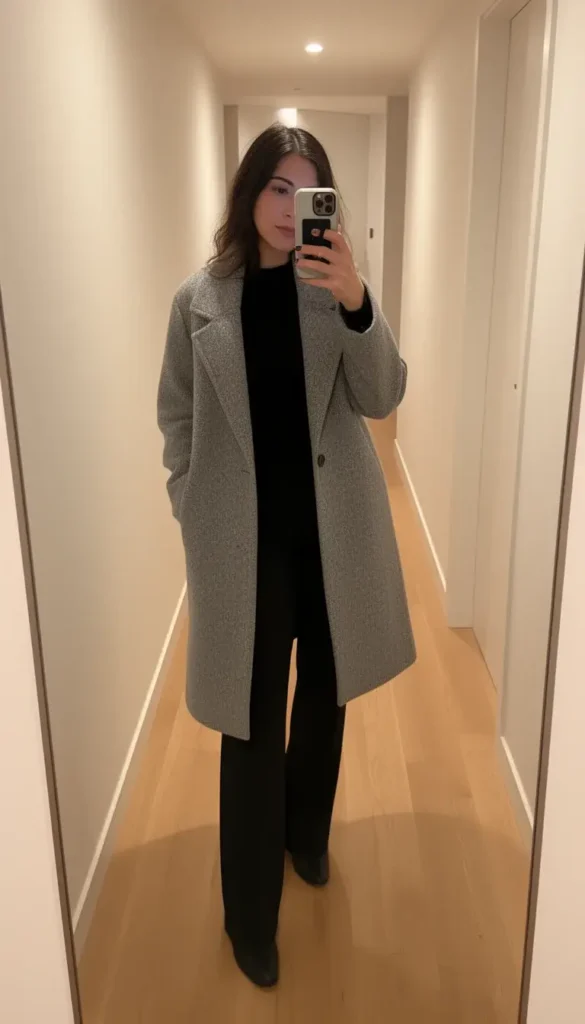 Minimal winter outfit with a grey wool coat layered over a fitted knit.