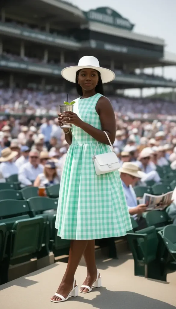 Slim Black woman in a mint gingham fit-and-flare dress and white hat holding a mint julep at the Derby