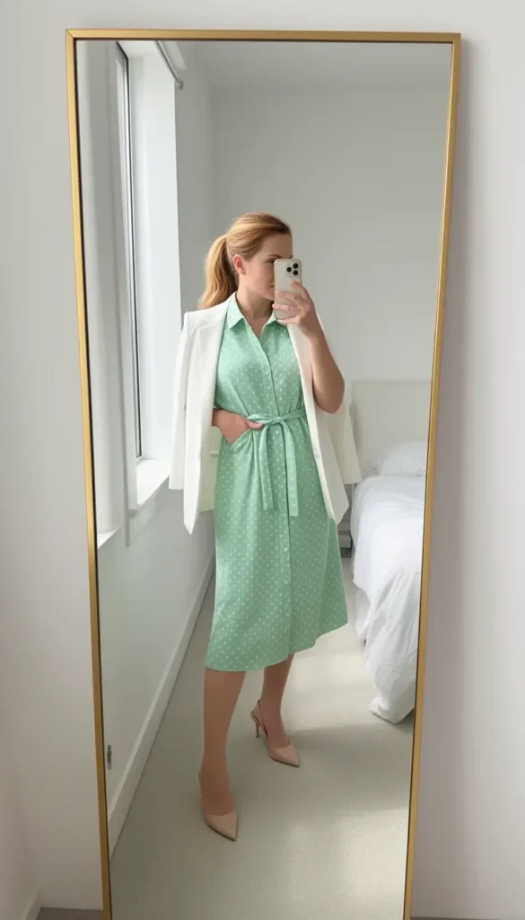 Mirror selfie of a woman wearing a mint green polka-dot shirtdress with a white funnel-neck blazer draped over her shoulders