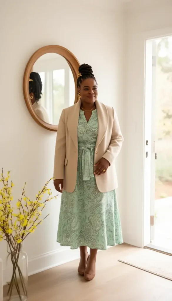 Woman in a mint green scarf-print midi dress layered under a beige funnel-neck blazer standing in a bright home entryway