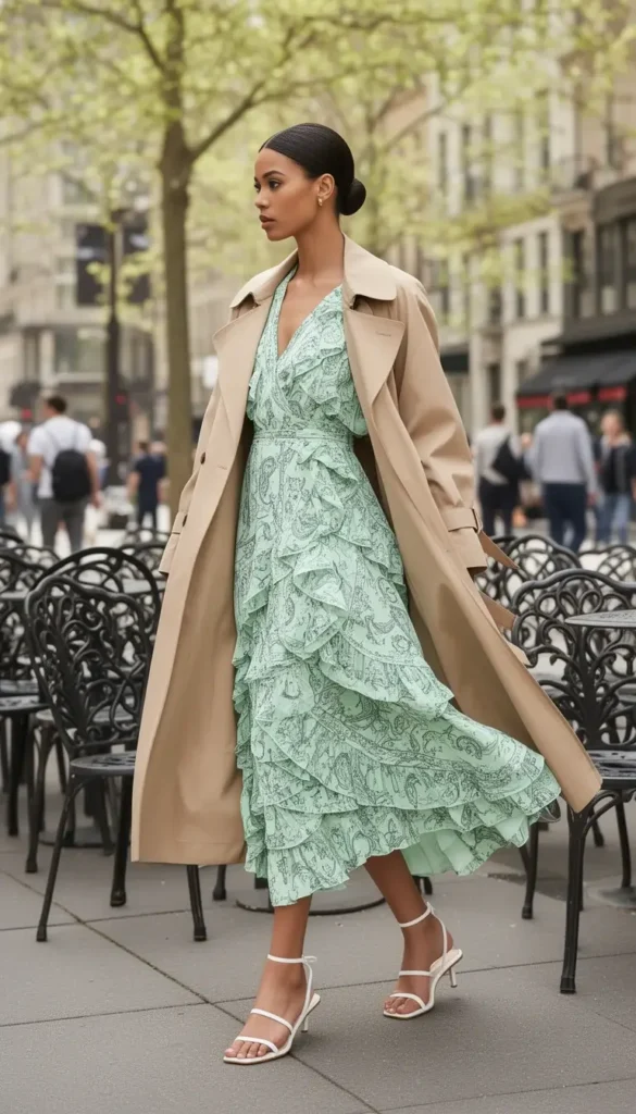 Woman in mint scarf-print ruffled midi dress with a light trench, standing at a sidewalk cafe