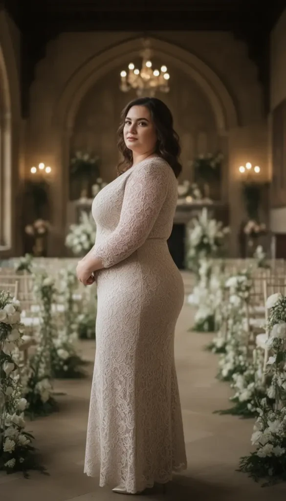 Curvy woman wearing a modern lace dress at a wedding