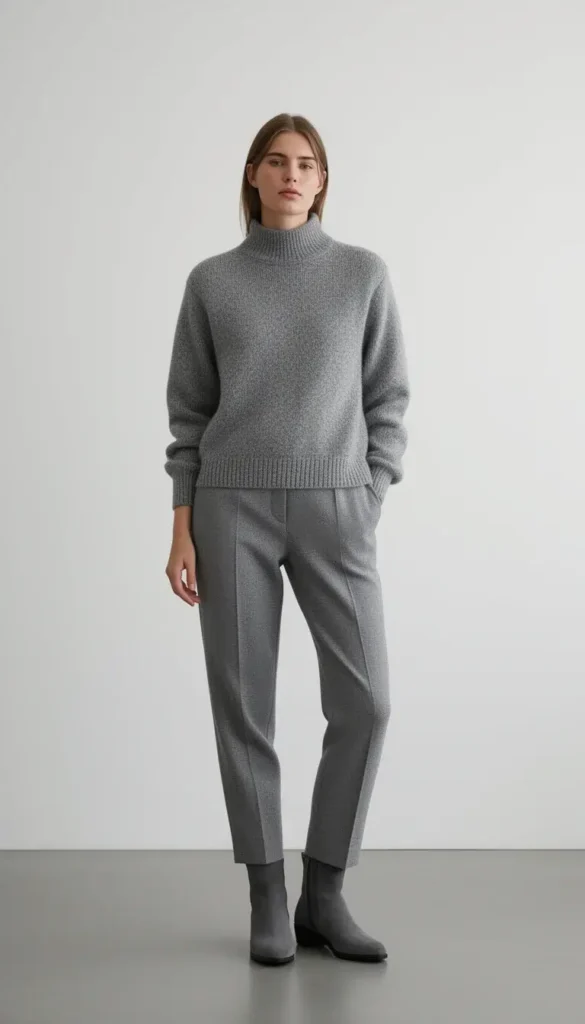 Woman wearing a grey monochrome outfit in a minimal space