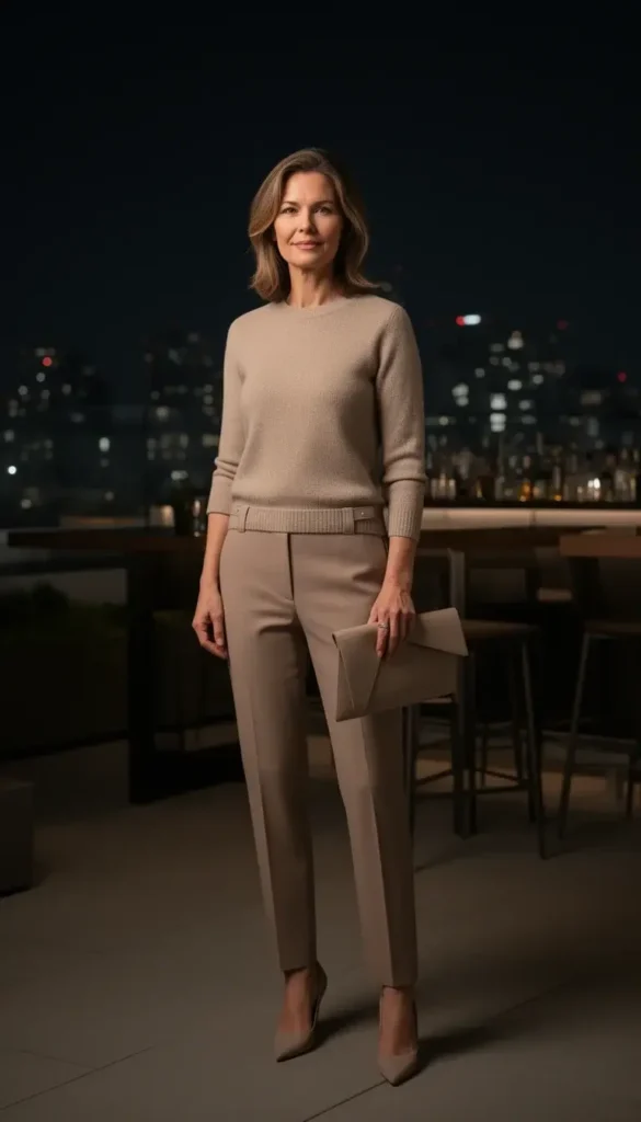 Woman over 30 wearing a monochrome neutral outfit for a night out