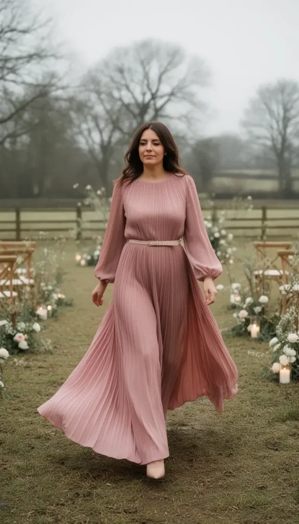Muted rose pleated maxi dress worn at a winter countryside wedding.