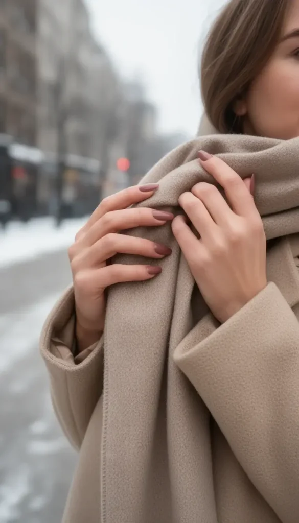 Muted rosewood nail color paired with a beige winter coat and scarf