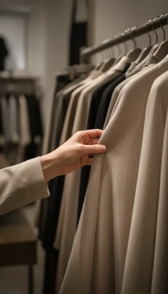 Woman feeling the texture of natural fabric clothing