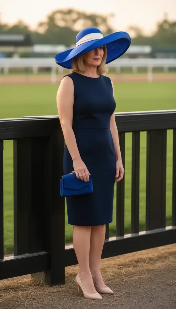 Woman in navy sheath dress wearing a cobalt wide-brim hat near the paddock at the Kentucky Derby
