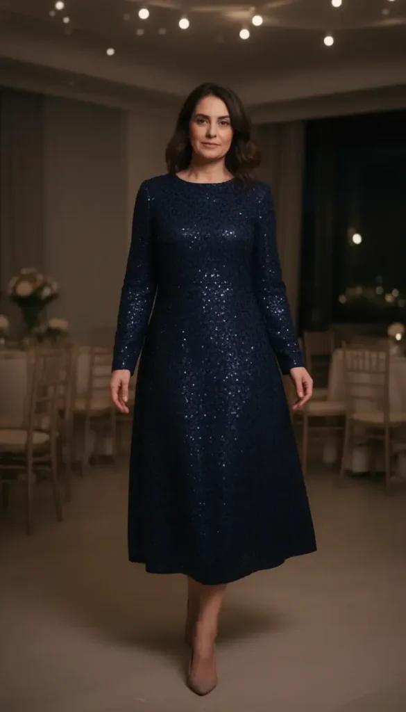 Navy sequin midi dress glowing softly in winter evening light