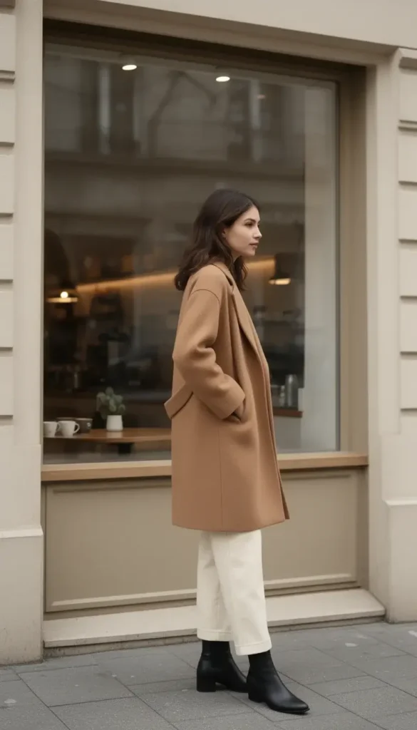 Woman wearing a camel and cream neutral outfit outside a café