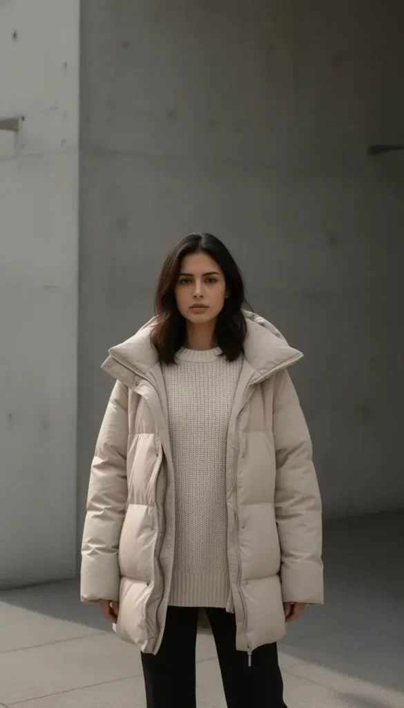 Neutral puffer jacket paired with a monochrome knit outfit.
