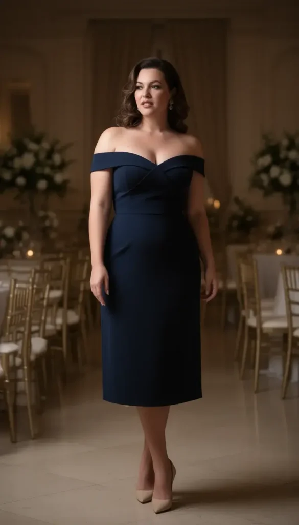 Curvy woman wearing an off the shoulder dress at a wedding