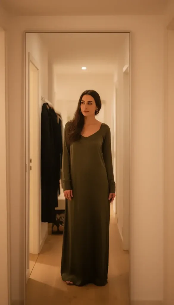 Deep olive long-sleeve slip dress styled for winter lighting