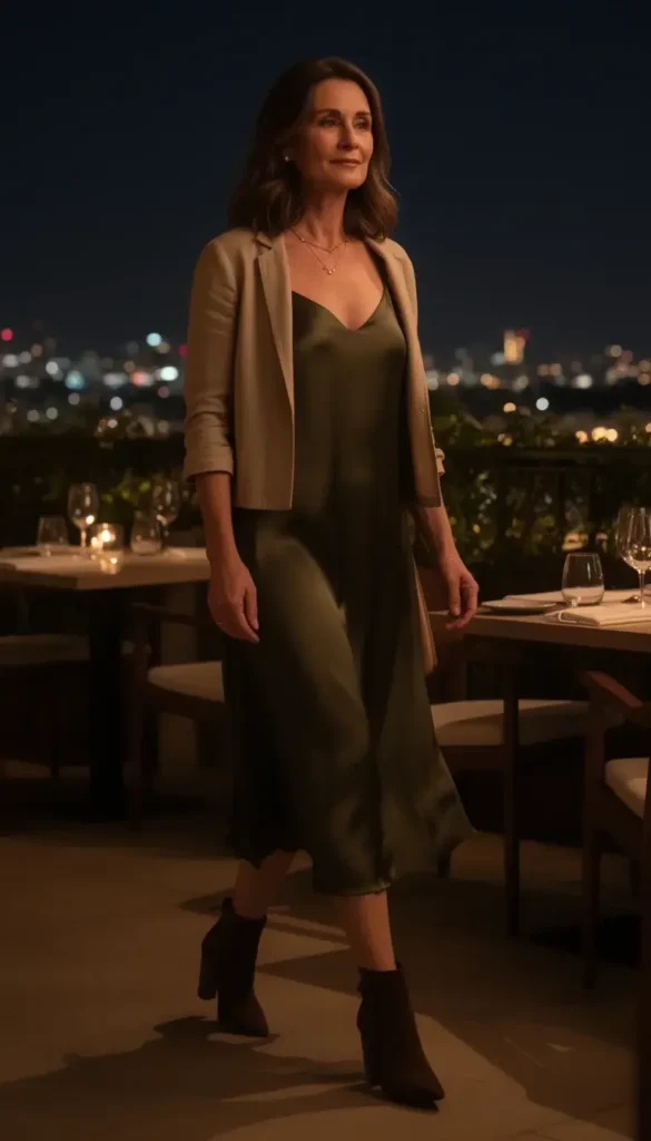 Woman over 30 wearing a layered slip dress for an elegant evening out