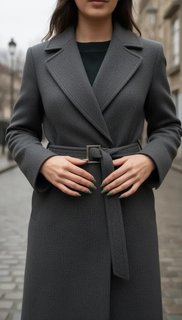 Olive stone nail color styled with structured winter outerwear