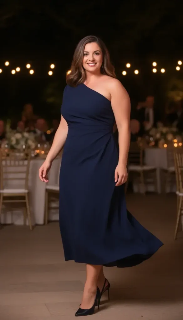 Curvy woman wearing a one shoulder dress at an evening wedding