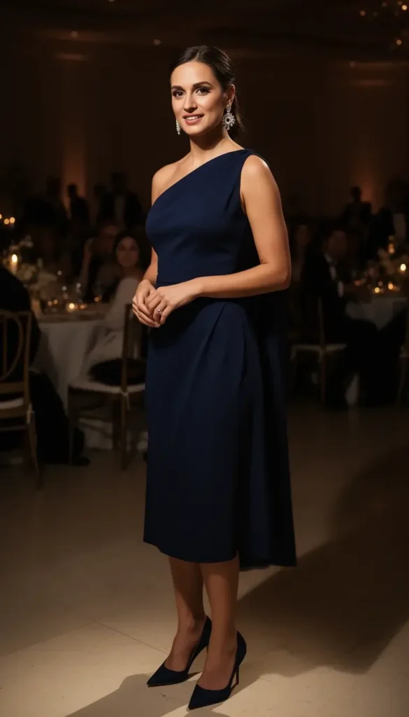 Semi formal winter wedding guest wearing a one shoulder midi dress indoors
