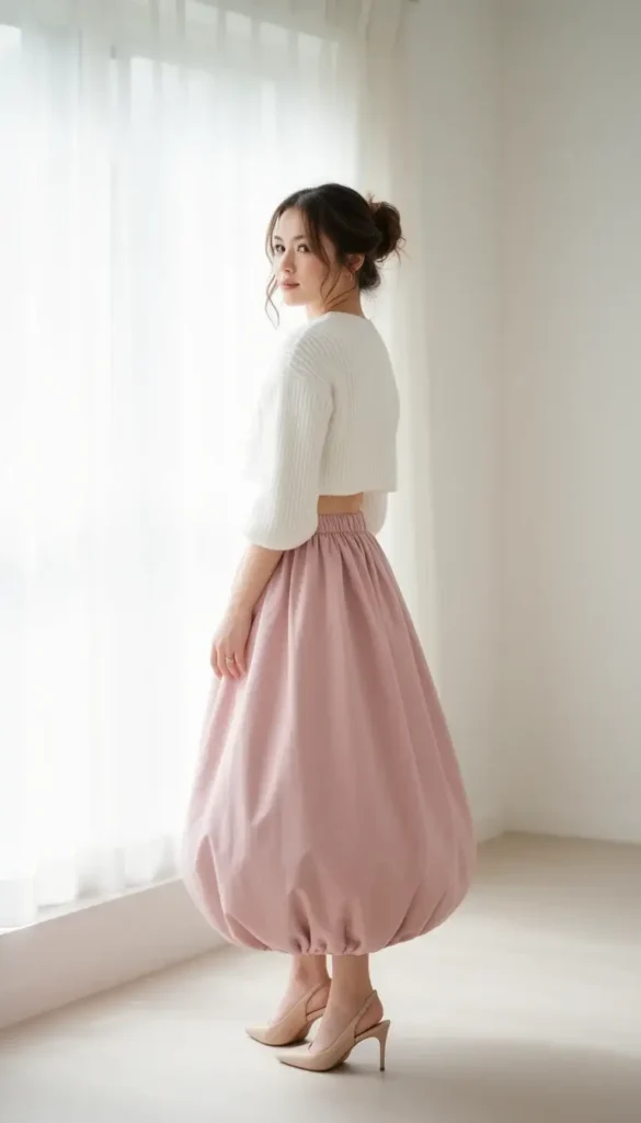 Woman in a pale pink bubble-hem dress with a cropped white sweater and nude slingback heels near a bright window