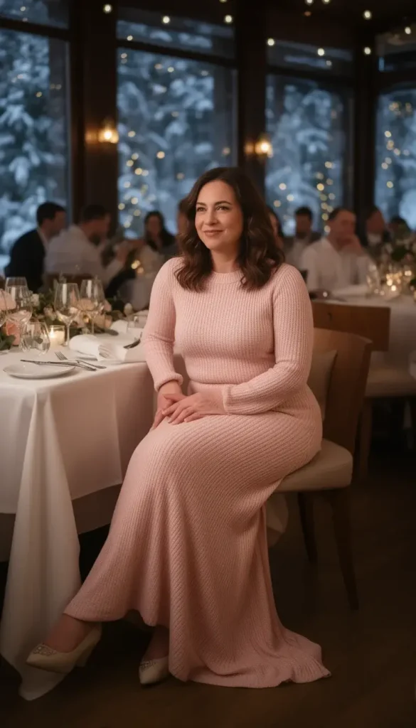 Pale pink knit evening dress worn at an intimate winter wedding.
