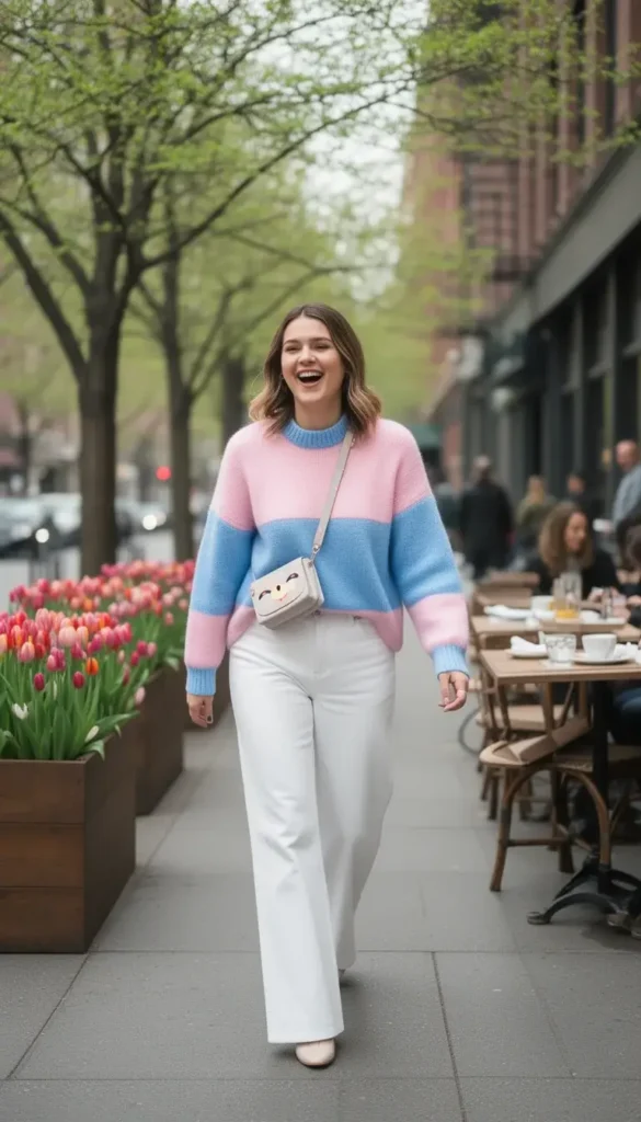 Young woman in pastel pink and blue color-block sweater set with white pants, walking to brunch on a city sidewalk