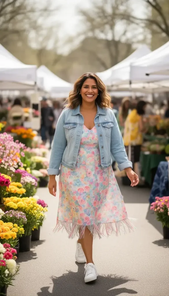 Woman in a pastel multi-floral midi dress with fringe hem and a light denim cropped jacket at an outdoor spring market