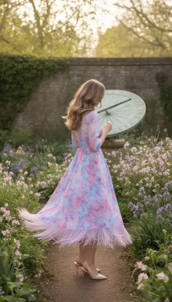 Woman in a pastel floral midi dress with fringe detail and neutral slingbacks walking through a botanical garden