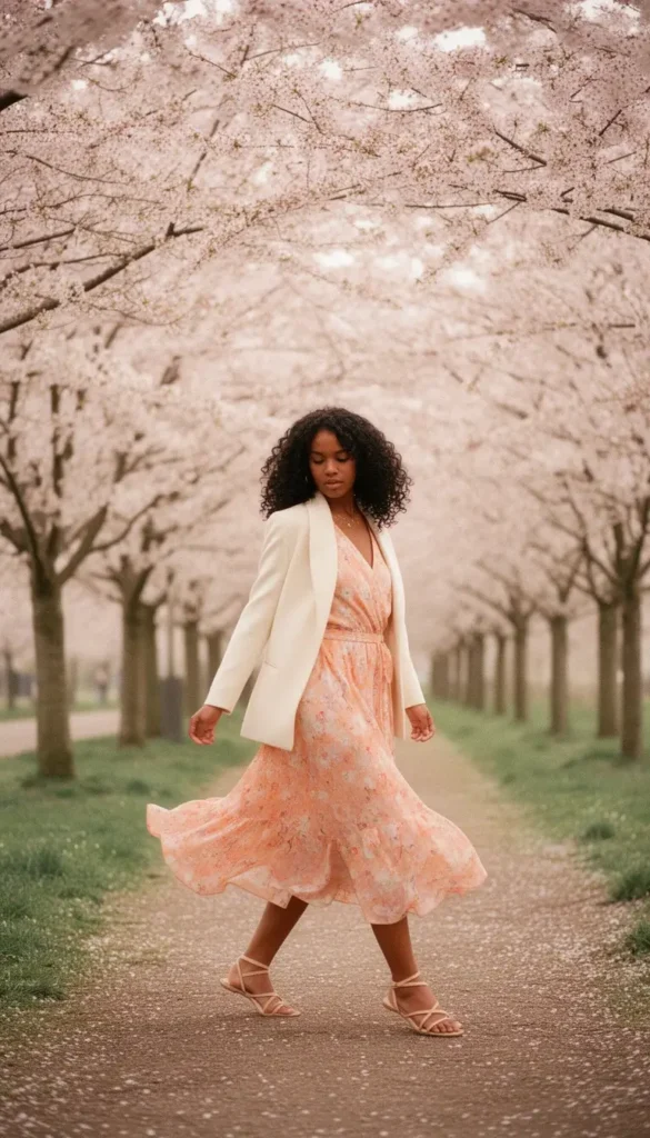 Woman in a pastel peach floral wrap dress and cream blazer walking beneath cherry blossom trees