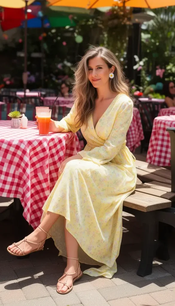 Woman in a pastel yellow wrap floral midi dress and strappy sandals seated at a lively patio brunch
