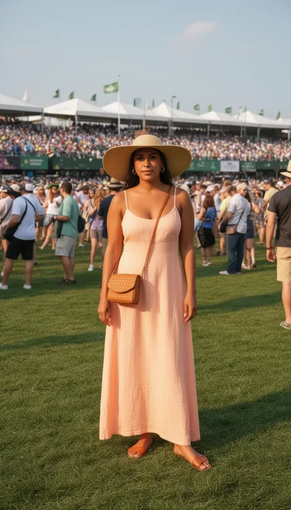Woman in a pale peach linen maxi sundress with a floppy straw hat on the Kentucky Derby lawn
