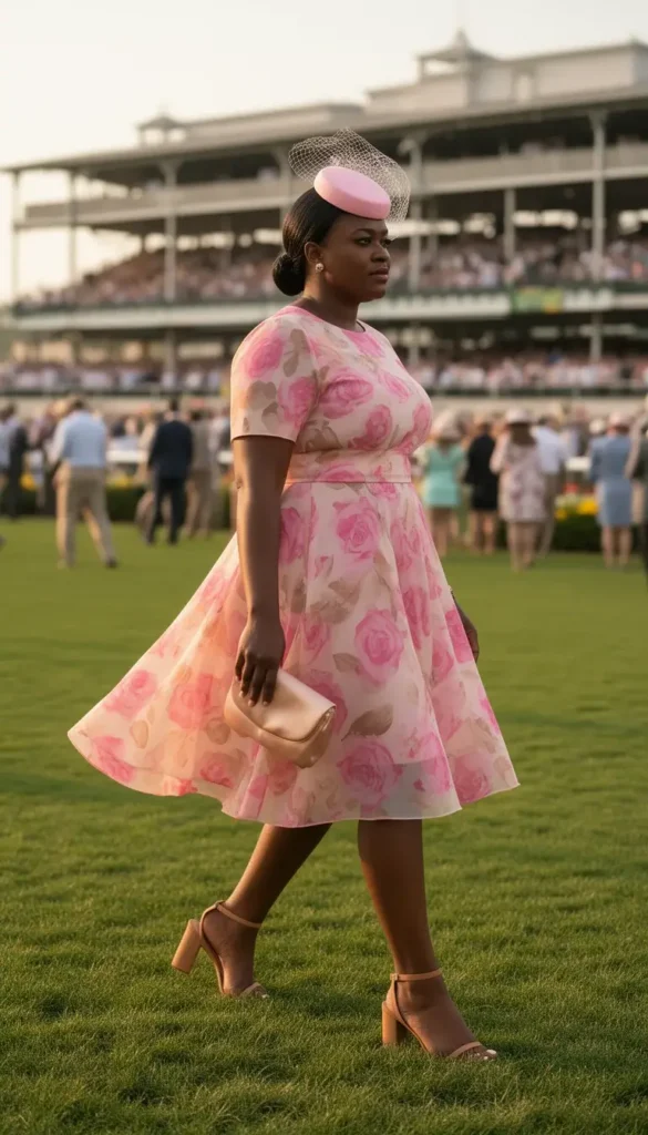 Curvy Black woman in a pink floral chiffon dress and pillbox hat walking across the Kentucky Derby lawn