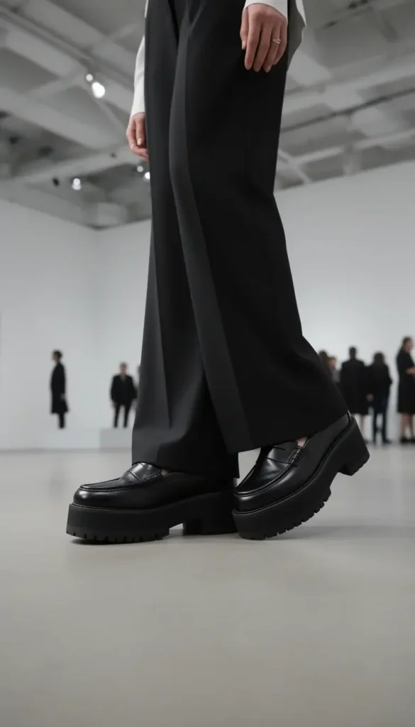 Platform loafers styled with wide-leg trousers for a winter event.