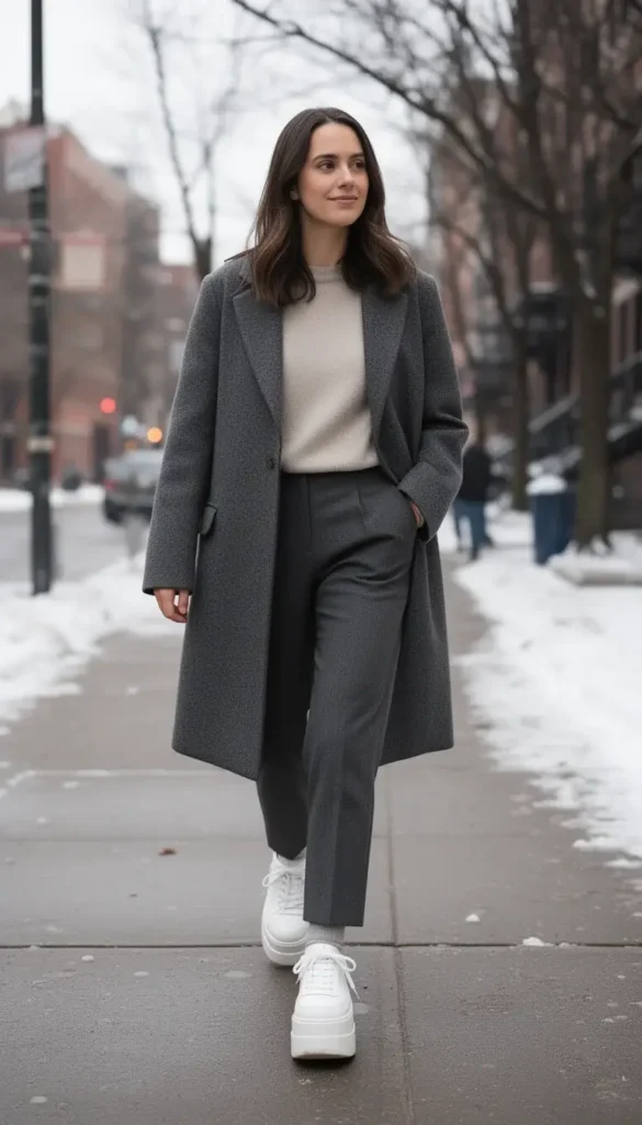 White platform sneakers styled with trousers and a coat for winter