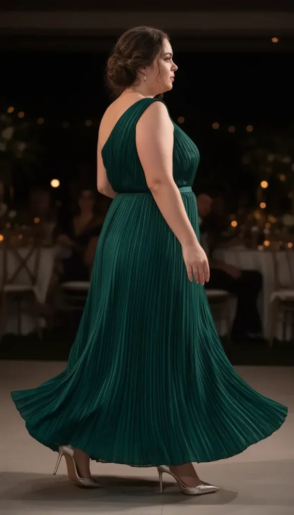 Curvy woman wearing a pleated maxi dress at an evening wedding