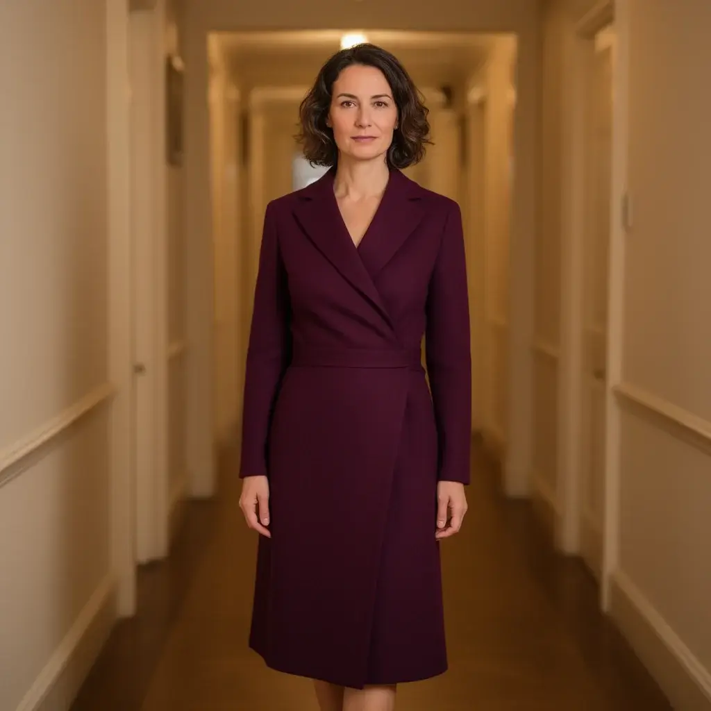 Deep plum wool wrap dress photographed in warm winter lighting
