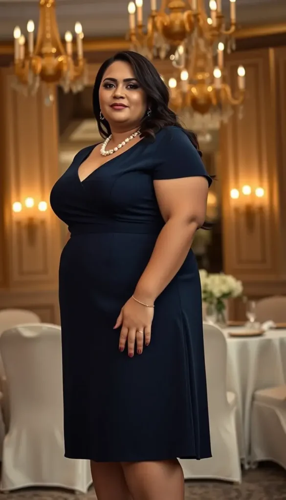 Plus size woman in a navy A line cocktail dress at a formal wedding venue