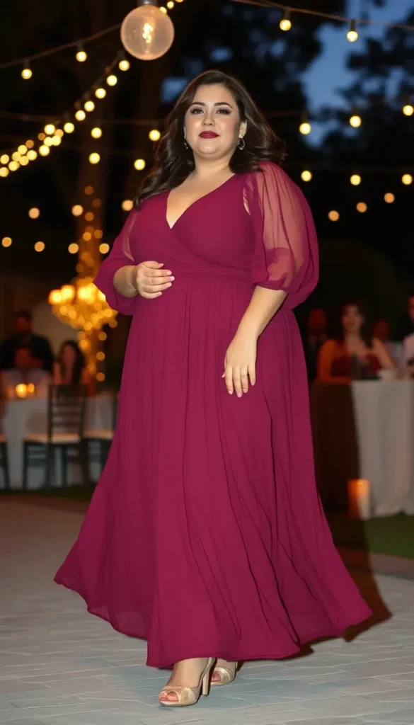 Plus size woman wearing a burgundy chiffon maxi dress at an evening wedding