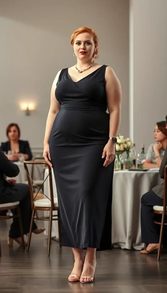 Plus size woman wearing a charcoal column dress at a minimalist wedding