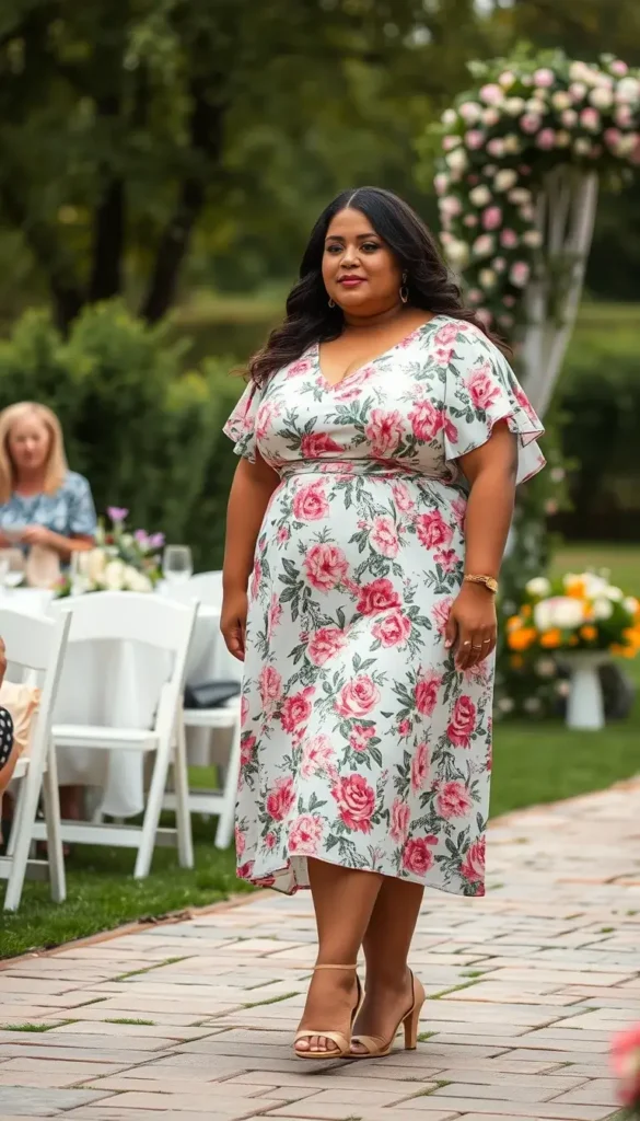Plus size woman wearing a floral midi dress at a spring wedding